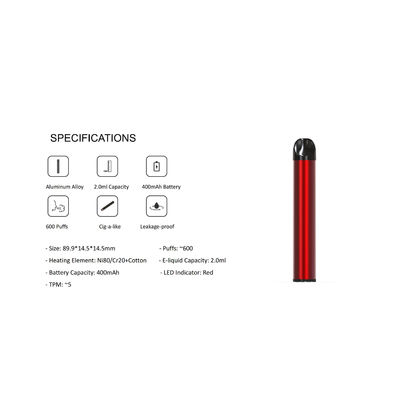 Metal Red 2ml Pre Filled Pod Vapes With 600 Puffs LED Indicator